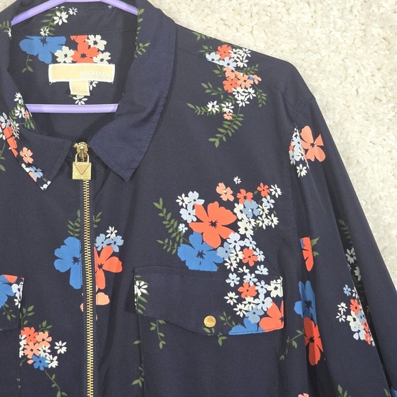 Michael Kors Blouse Womens 3X Blue Floral Zip Front Roll Tab Sleeve Office - Picture 3 of 12